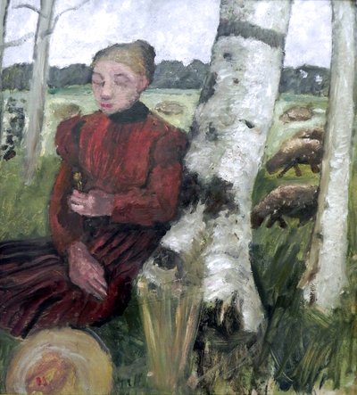 Girl Resting by Birch Trunk, Flock of Sheep in Background by Paula Modersohn Becker